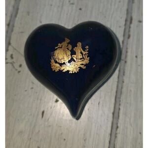 Vintage Cobalt Blue Limoges France Courting Couple Heart Shape Trinket Box